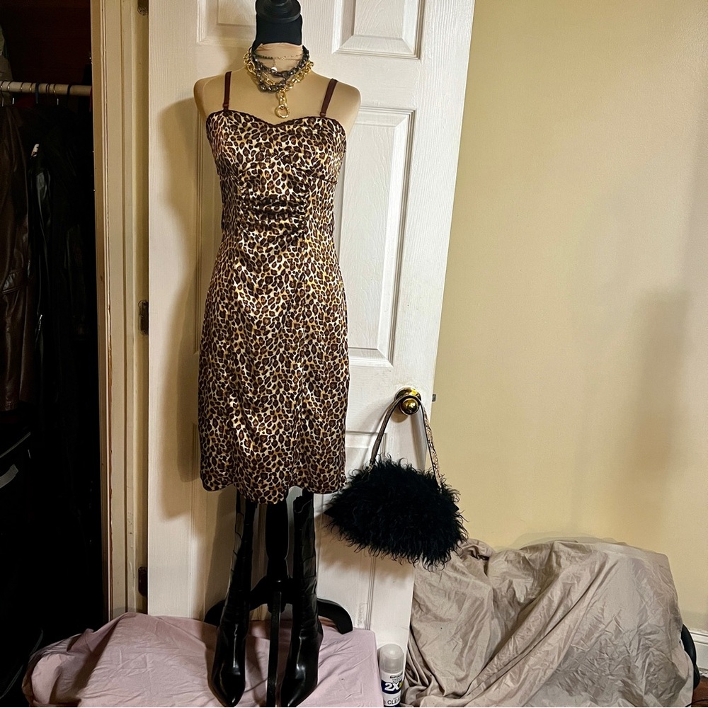 Vtg Y2K Wms‎ La Belle Satin Ruched Leopard Print Corset Style Mini Slip Dress S